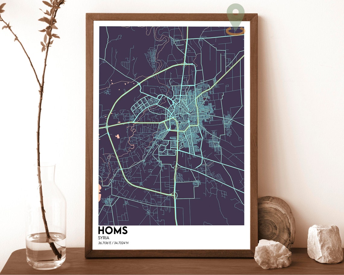 Homs Syria Midnight Navy Street Map Minimalist City Art Poster - Image 3