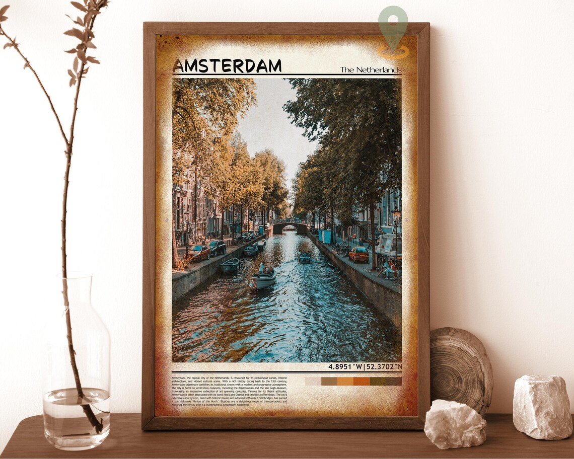 Amsterdam Netherlands Golden Canal Boats Cityscape Travel Poster - Image 6