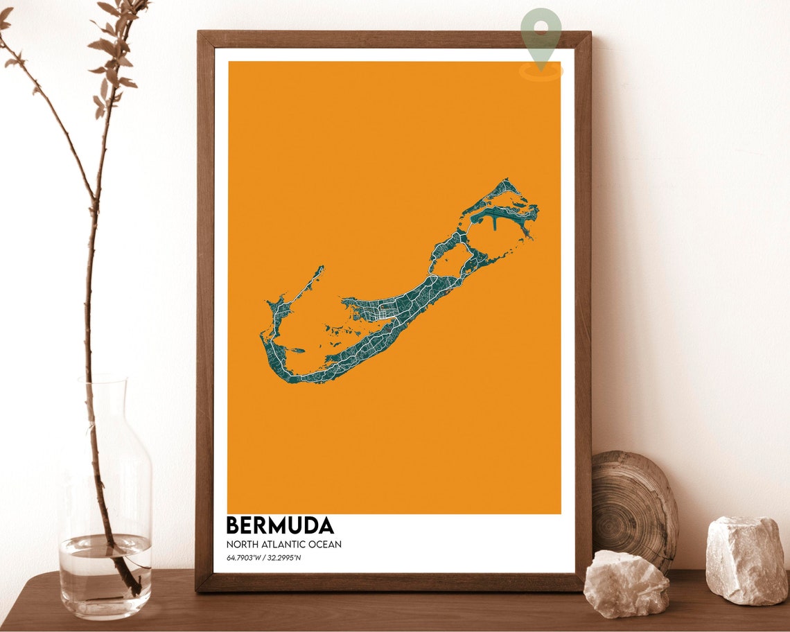 Bermuda North Atlantic Ocean Bold Vintage Blue Island Map Poster - Image 3
