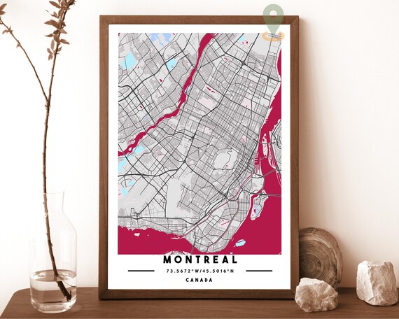 Montreal Canada City Street Map Modern Red Art Print for Bold Modern Walls