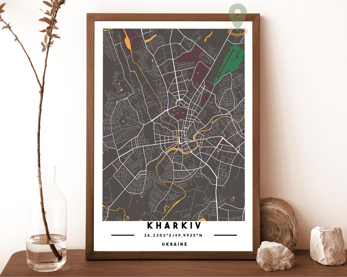 Kharkiv Ukraine City Street Map Teal Yellow Poster Wall Decor - Image 3