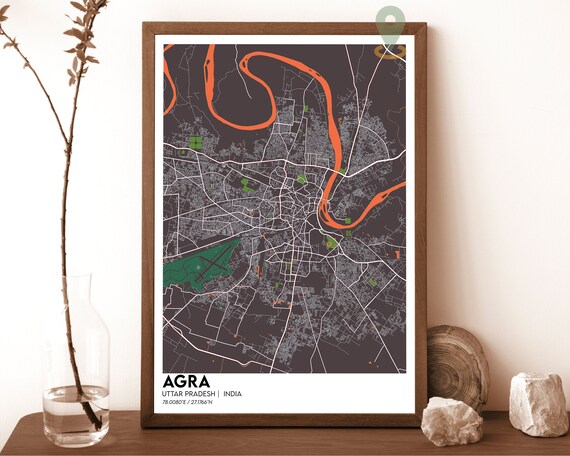 Agra India City Map Dark Yamuna River Taj City Street Map Poster