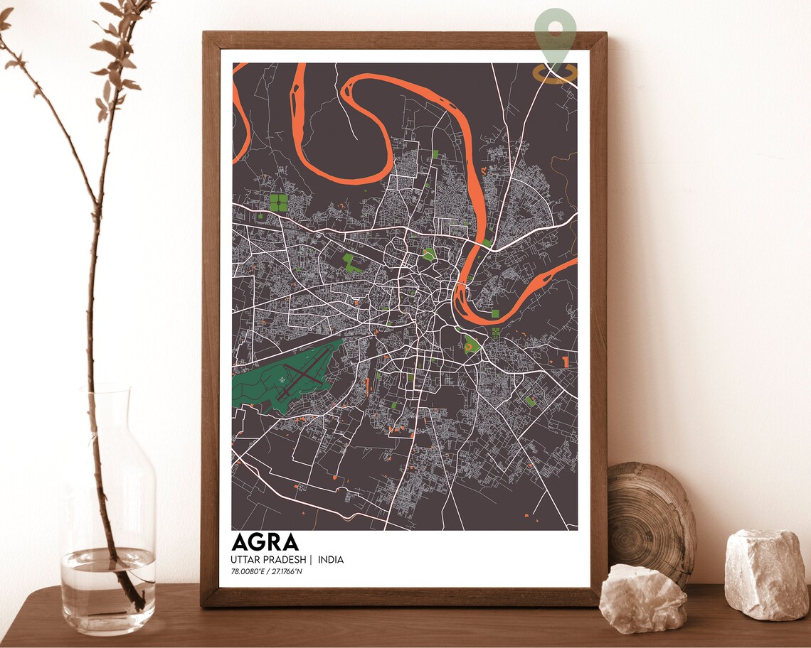 Agra India City Map Dark Yamuna River Taj City Street Map Poster