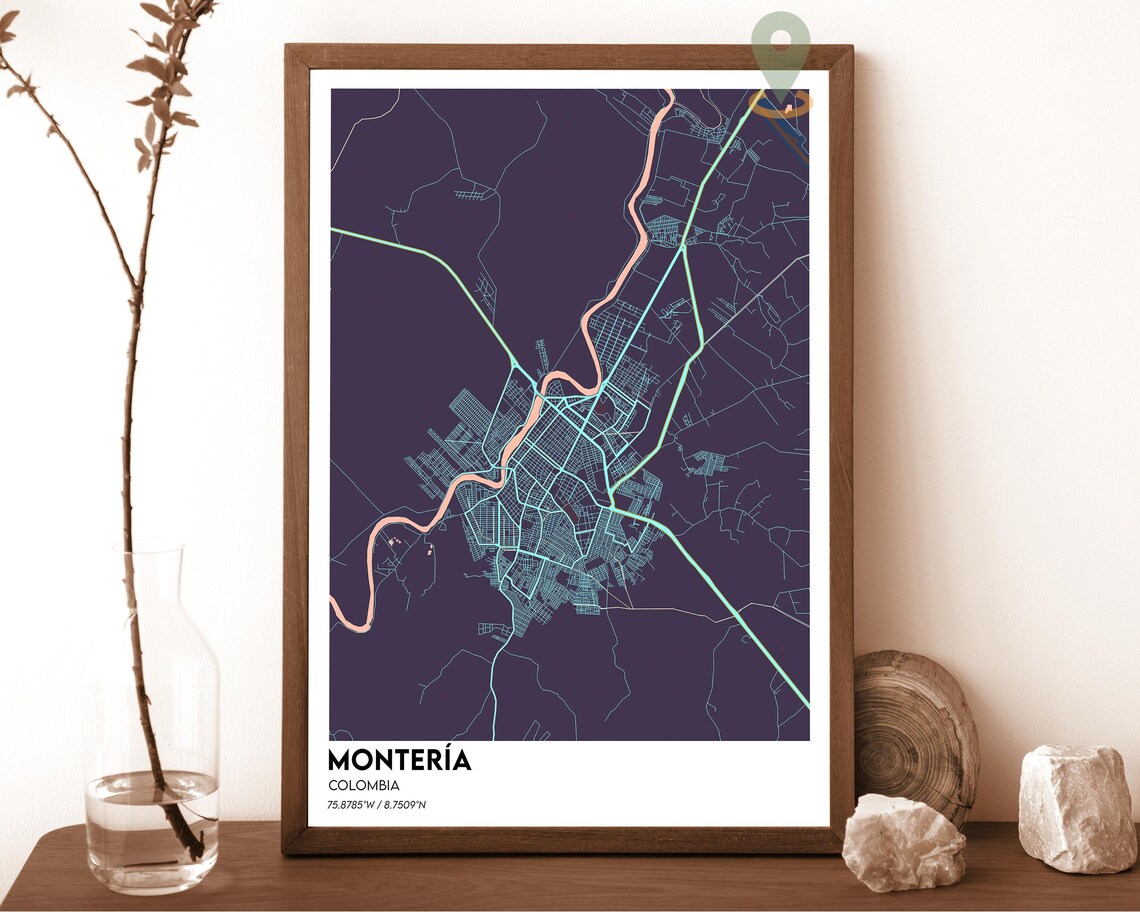 Monteria Colombia dark teal with an orange river Street Map Coordinates Poster - Image 3