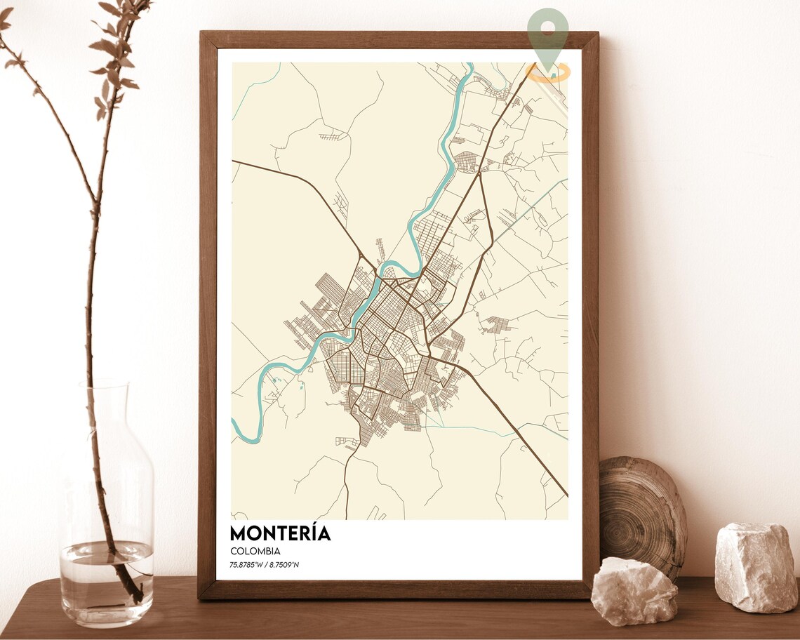 Monteria Colombia dark teal with an orange river Street Map Coordinates Poster - Image 5