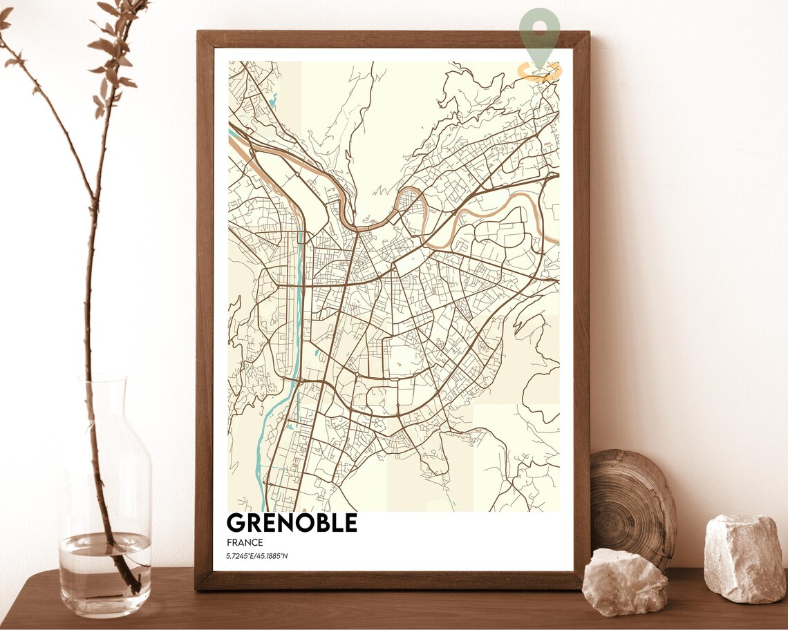 Grenoble France Burgundy Cream Street Grid Map Home Decor Poster - Image 5