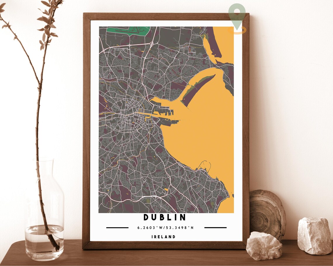 Dublin Ireland Grey Gold City Street Map Coordinates Travel Decor Poster