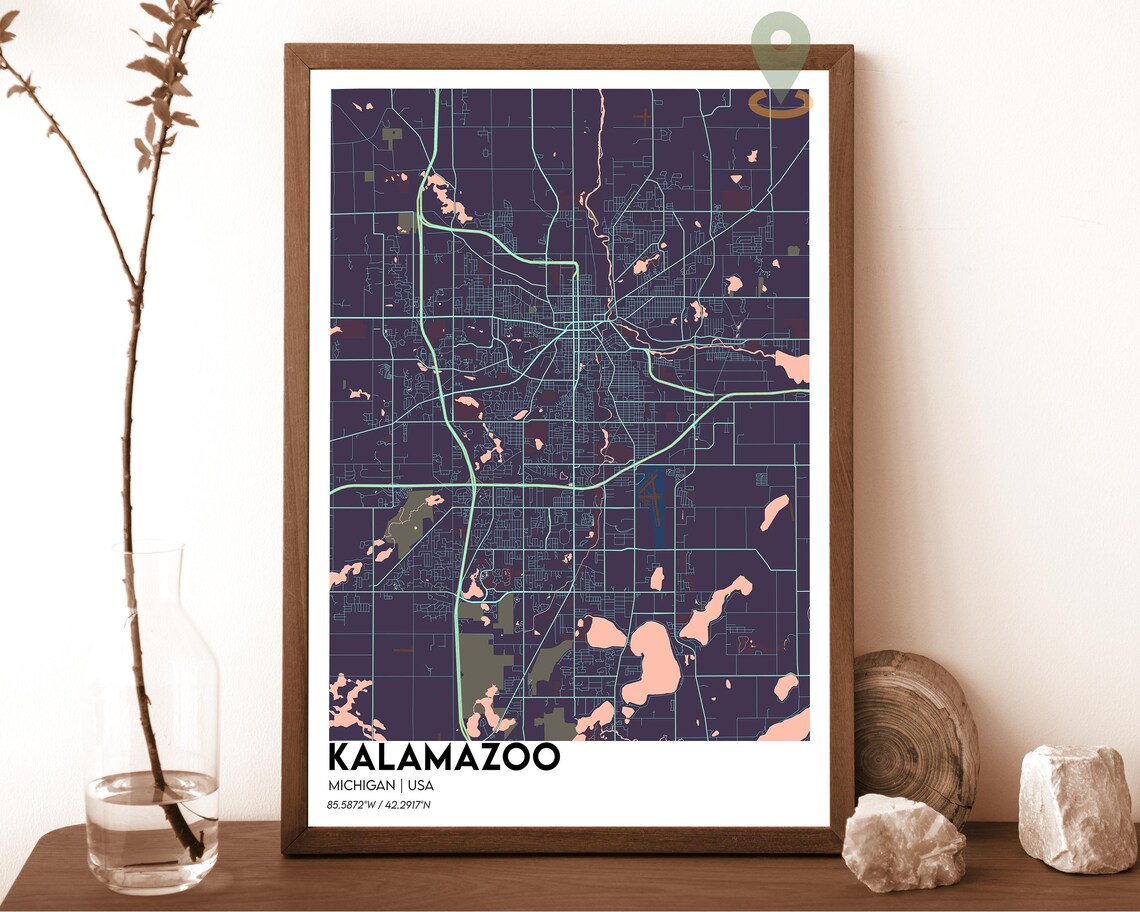 Kalamazoo Michigan Cream Burgundy Minimalist City Map Wall Art - Image 6