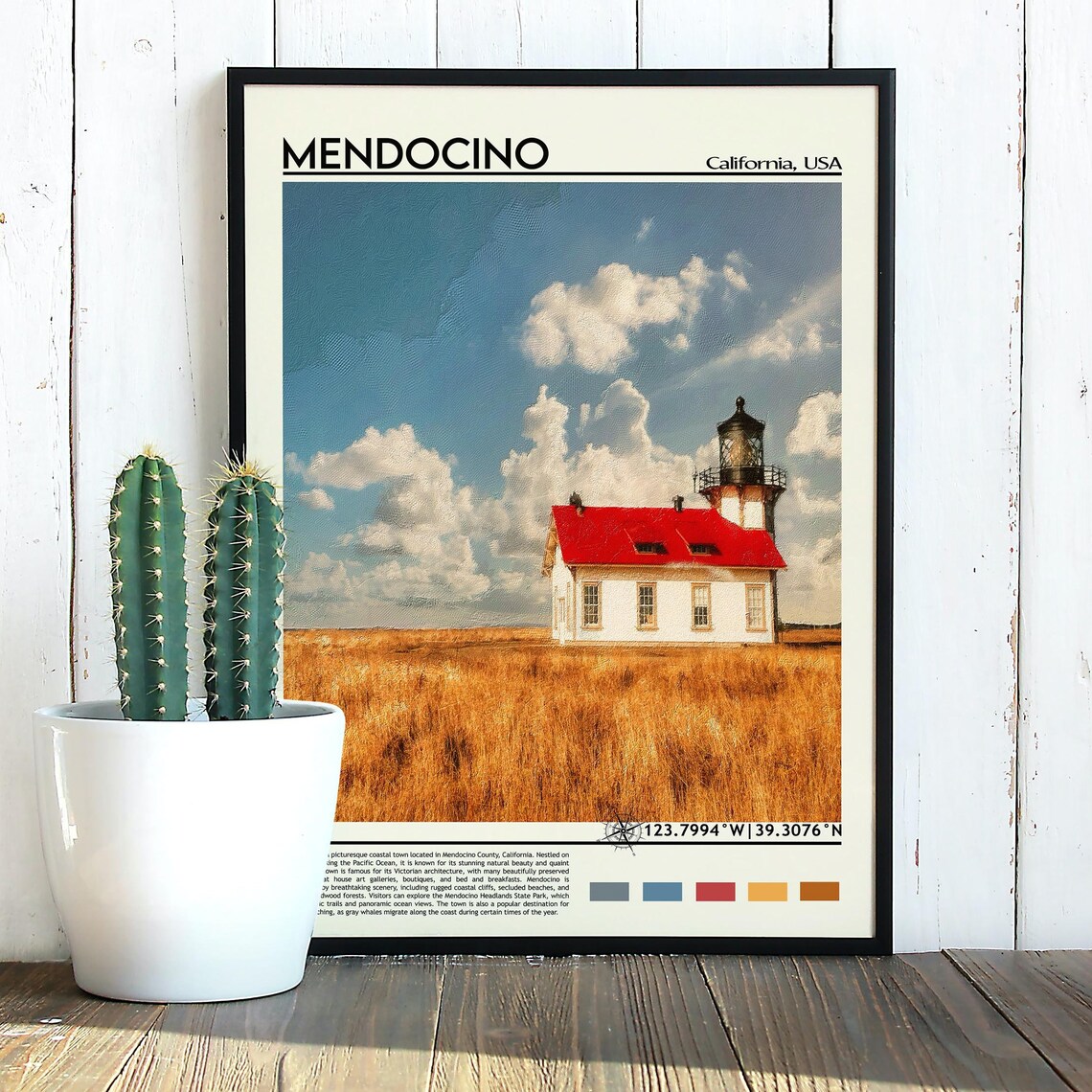 Mendocino California Red Roof Lighthouse Coastal Travel Poster - Image 4