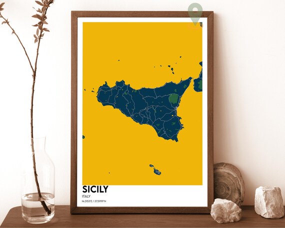 Sicily Italy Island Map Navy on Mustard Yellow Graphic Poster