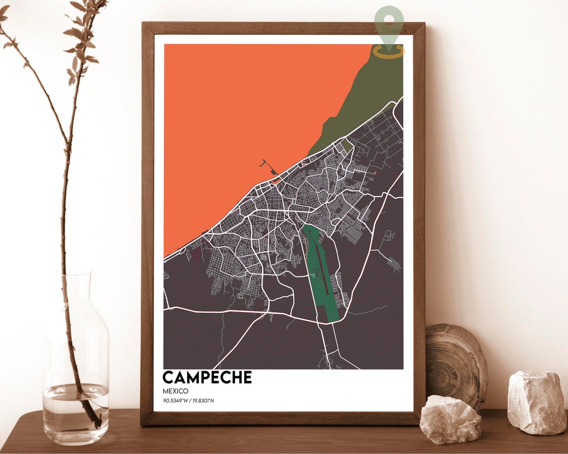 Campeche Mexico Modern City Map Poster in Navy and Gold Tones - Image 4