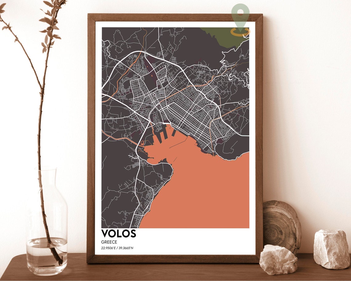 Volos Greece City Map Poster Charcoal Cyan Modern Coastal Artwork - Image 4
