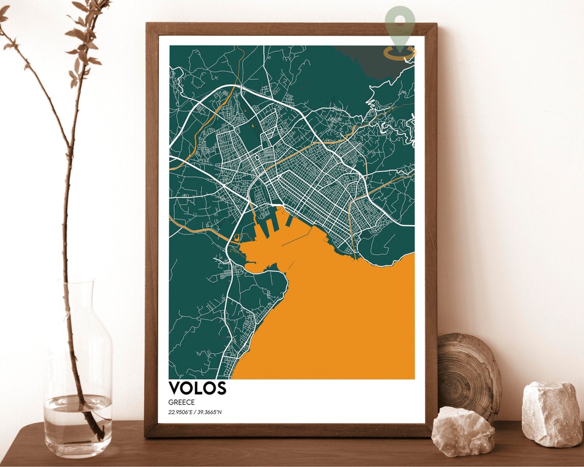 Volos Greece City Map Poster Charcoal Cyan Modern Coastal Artwork - Image 5