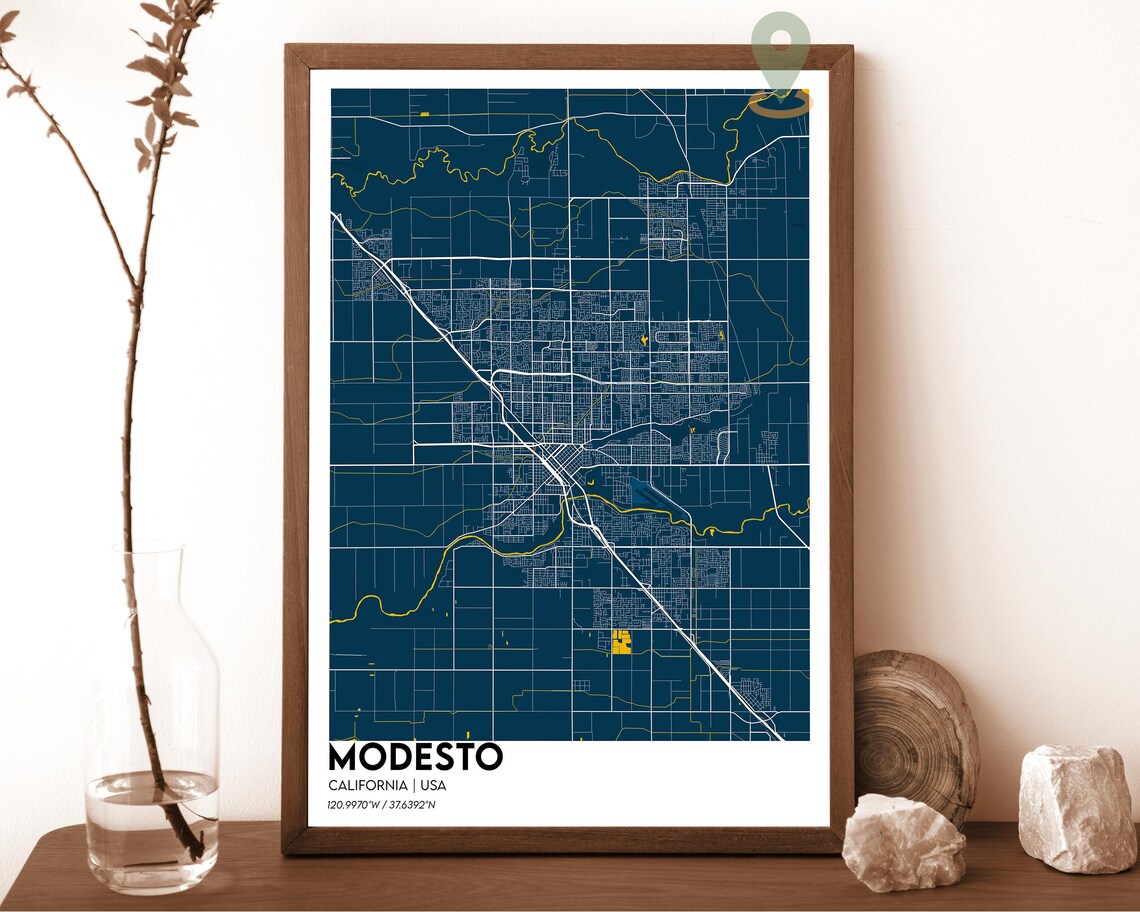 Modesto California midnight blue with teal street lines Street Map Coordinates Poster - Image 6