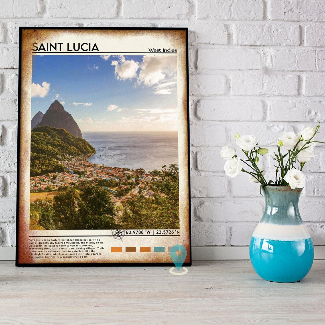 Saint Lucia West Indies Pitons Peaks Town View Travel Poster - Image 4