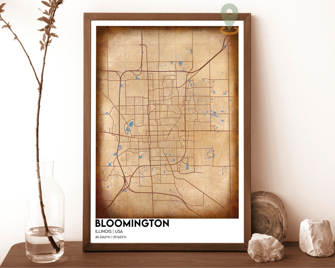 Bloomington Illinois Vintage City Map Poster Antique Cartography Art