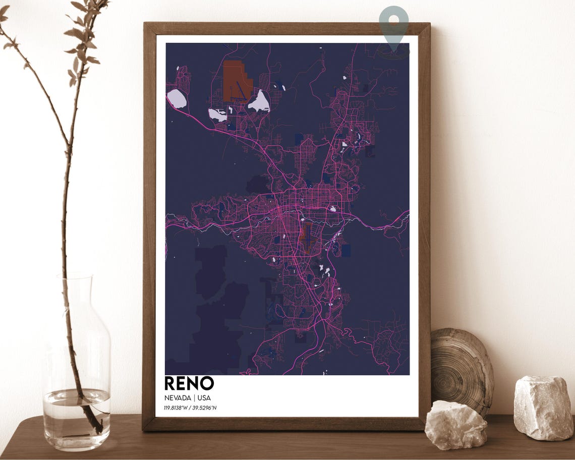 Reno Nevada Crimson Red Stylish Modern City Map Home Decor Poster - Image 2