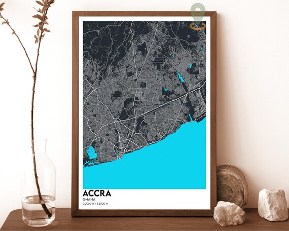 Accra Ghana Vibrant Dark City Map Bright Cyan Coast Art Poster