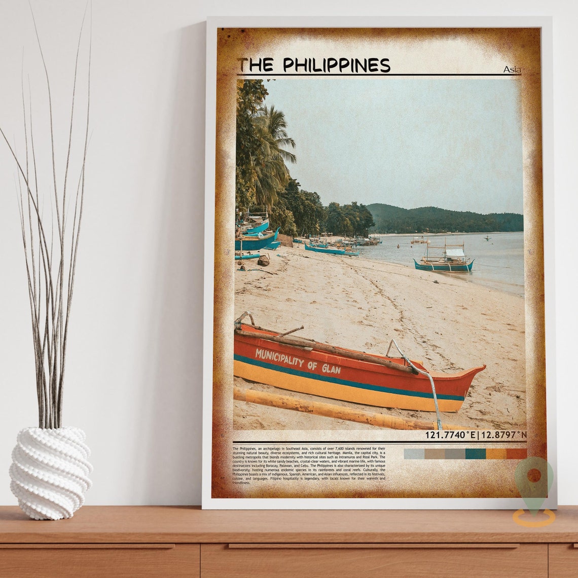 Philippines Glan Beach Colorful Outrigger Boats Shore Scene Poster - Image 3