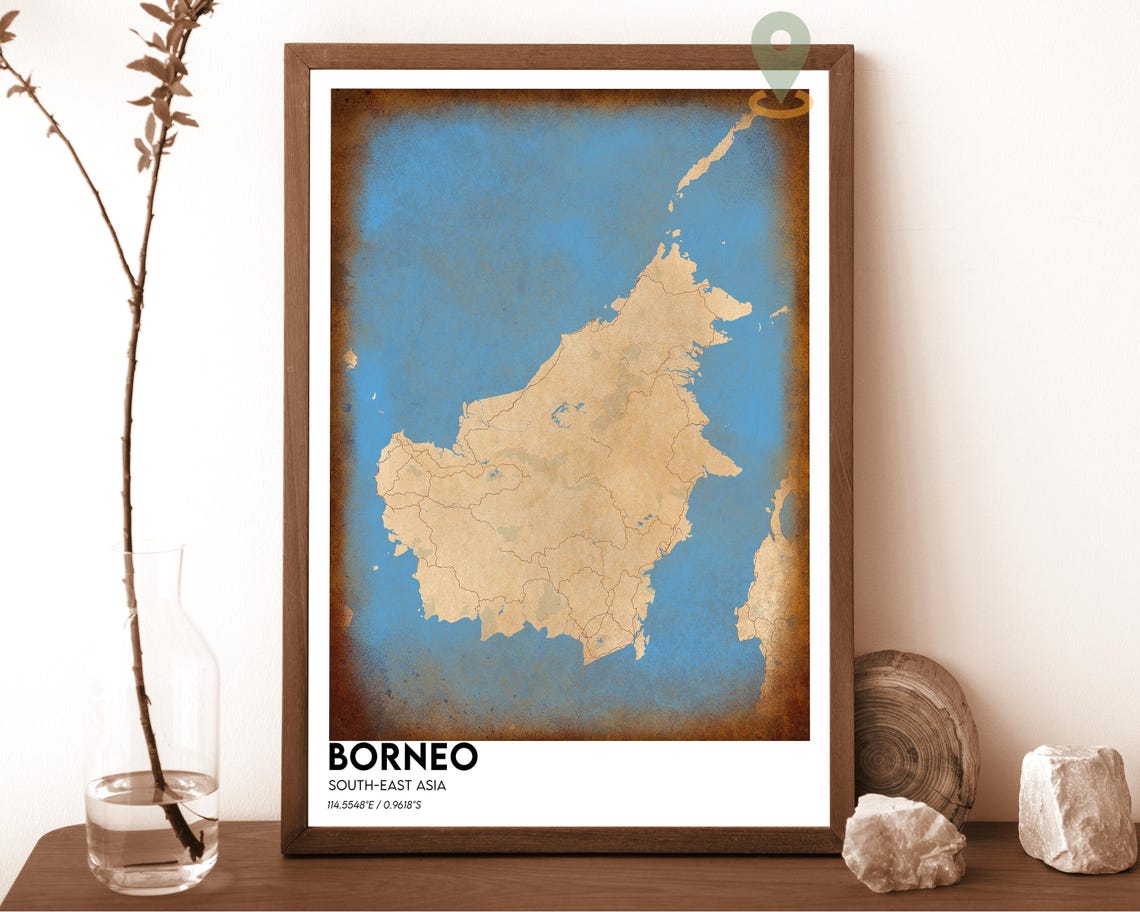 Borneo Southeast Asia Bold Golden Yellow Island Map Art Poster - Image 3