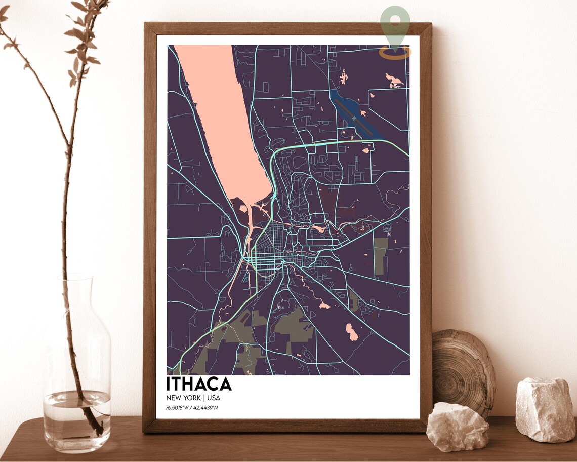 Ithaca New York Dark Cyan Modern Minimalist City Street Map Wall Art - Image 5