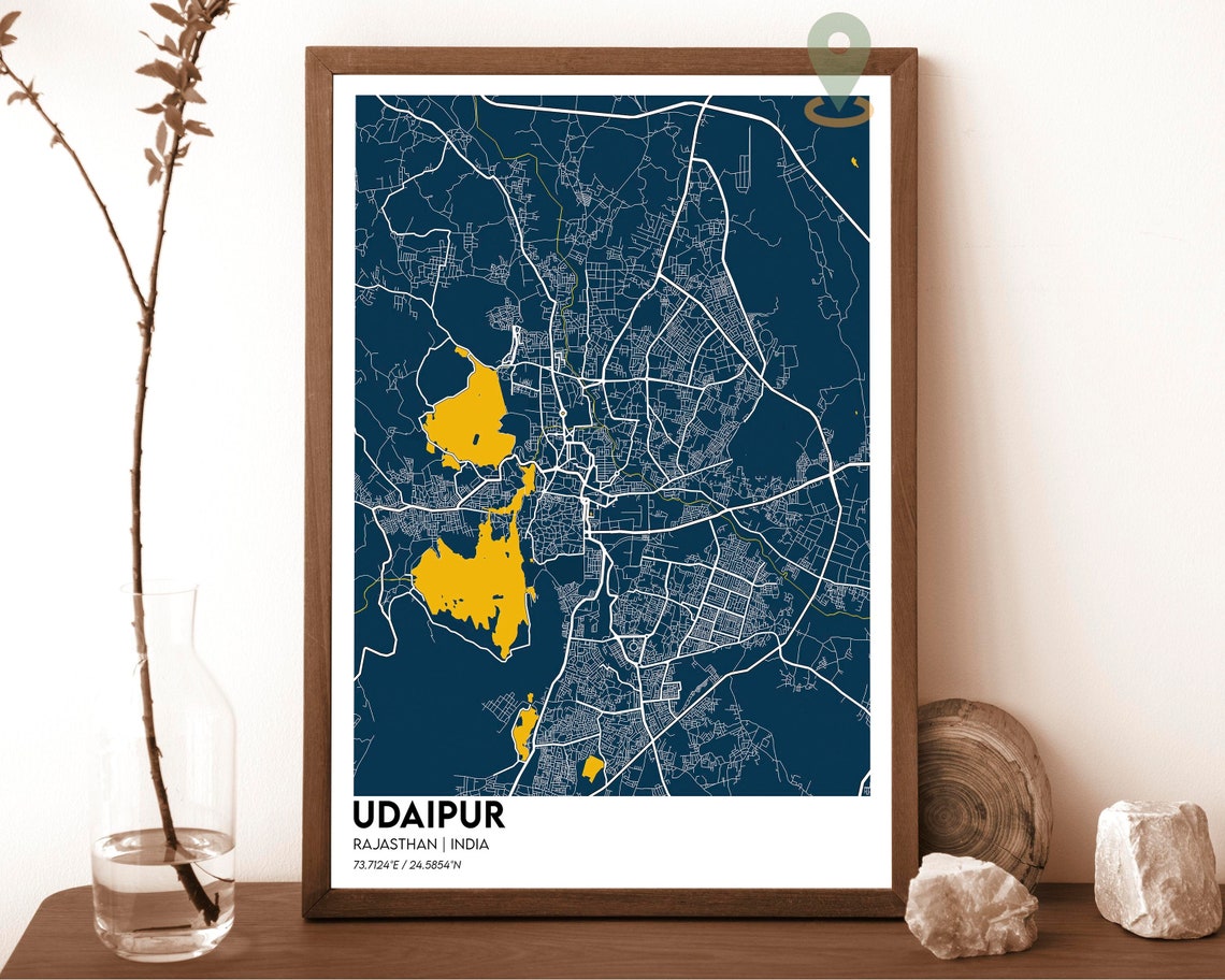 Udaipur India Navy Blue Lakes Modern City Street Map Design Poster