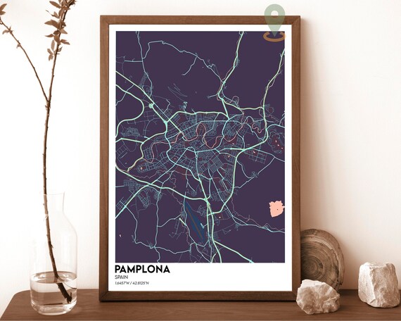 Pamplona Spain Midnight Purple Night City Map Street Art Poster