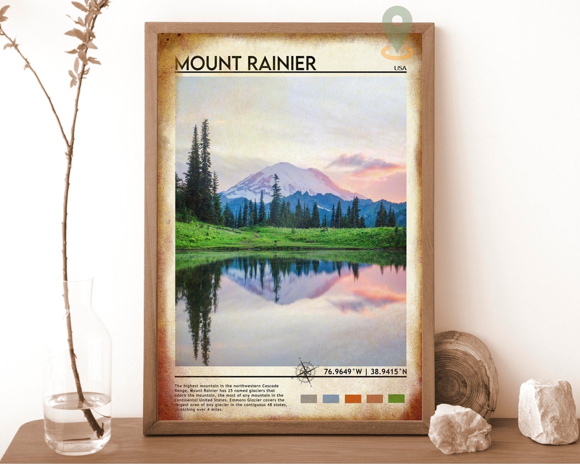 Mount Rainier USA Snow Peak Lake Reflection Wildflower Travel Poster - Image 6