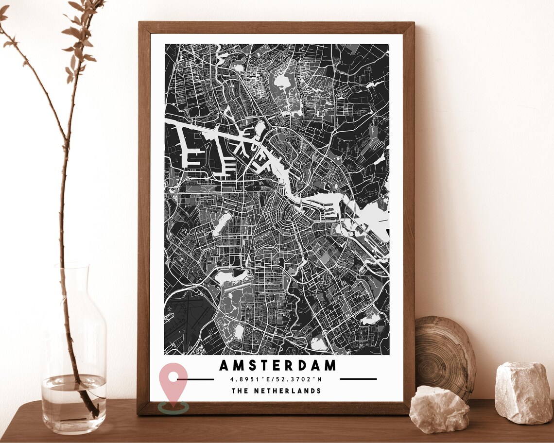 Amsterdam The Netherlands black and white Street Map Coordinates Poster