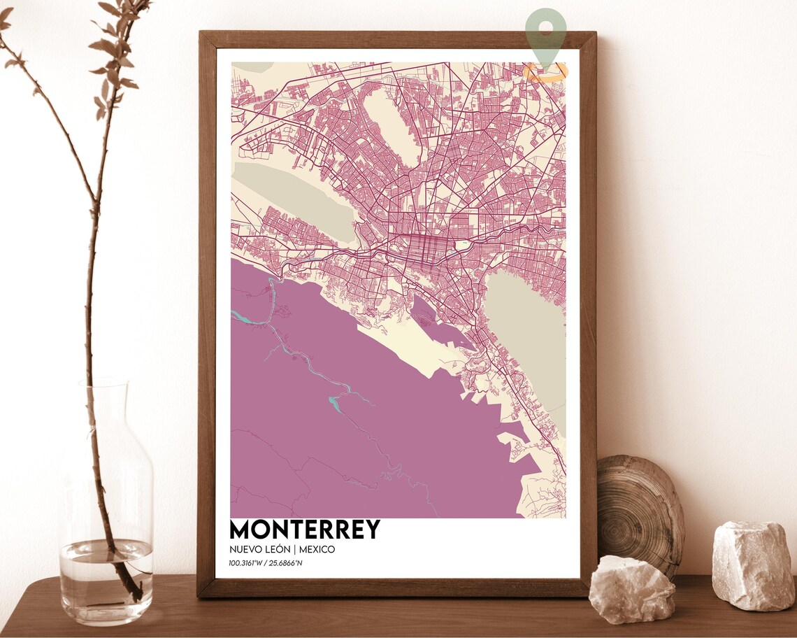 Monterrey Nuevo Leon Mexico taupe beige with brown streets Street Map Coordinates Poster - Image 6