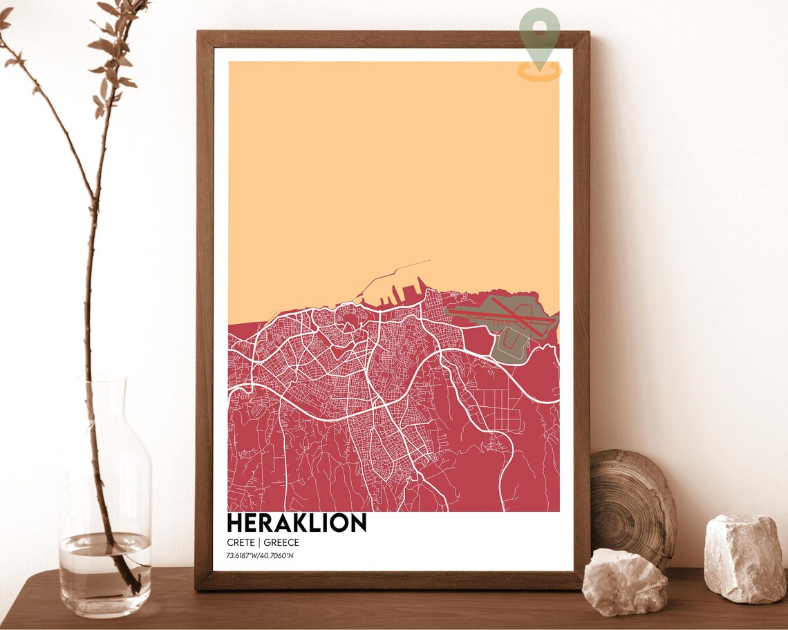 Heraklion Crete Greece Modern City Map Coral Peach Art Poster
