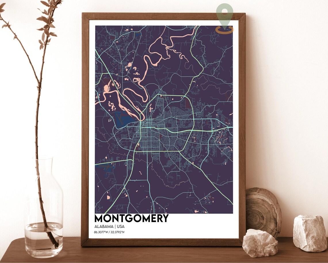 Montgomery Alabama crimson red with cream streets Street Map Coordinates Poster - Image 3