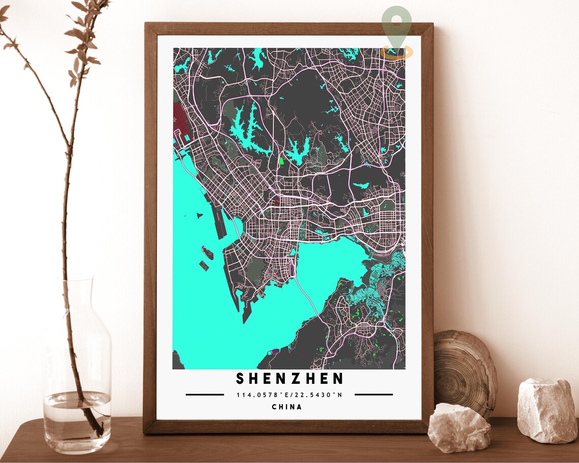 Shenzhen China City Map Art Poster Teal Orange Modern Wall Decor - Image 4