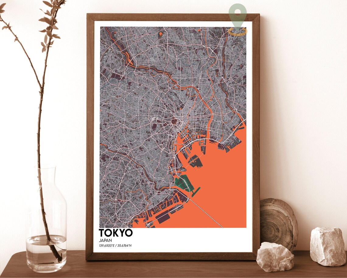 Tokyo Japan Dark Charcoal Cyan Waterways Street Map Modern Art Poster - Image 4