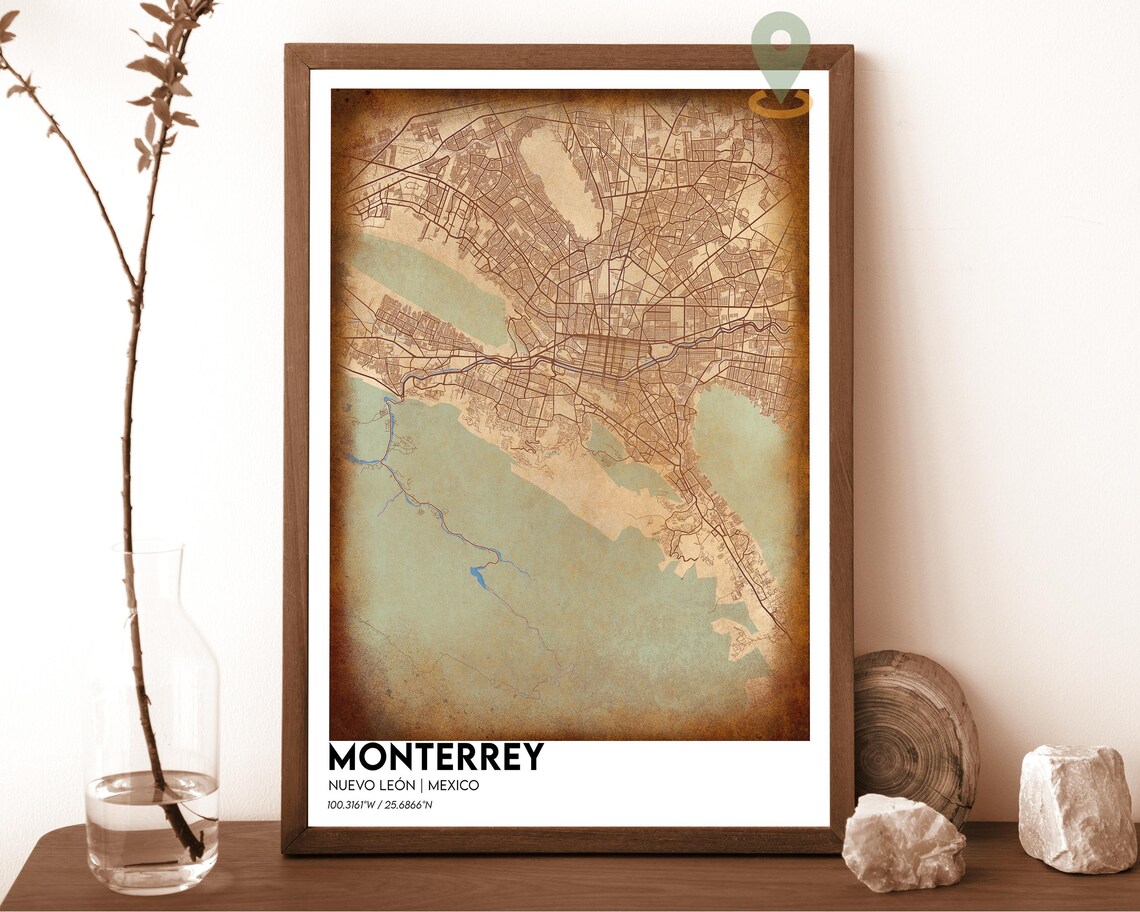 Monterrey Nuevo Leon Mexico taupe beige with brown streets Street Map Coordinates Poster - Image 3