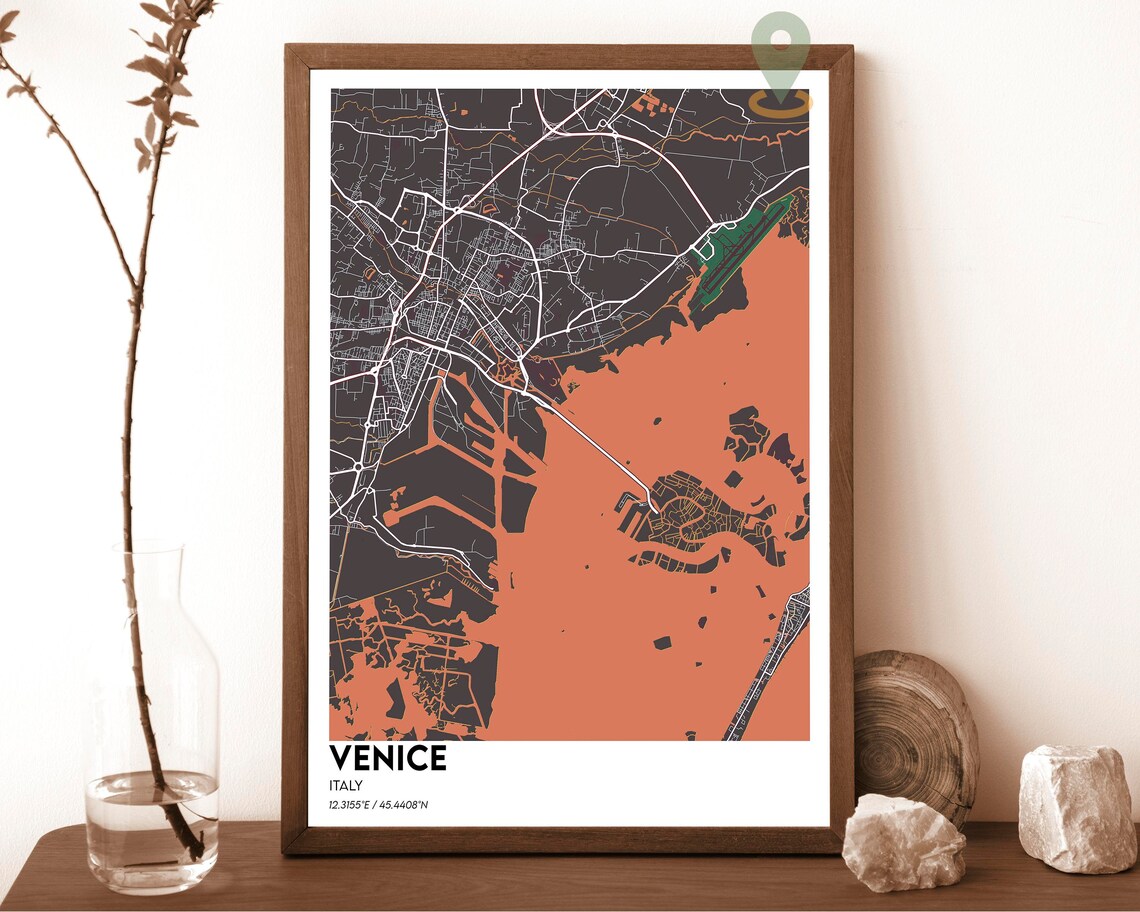 Venice Italy City Map Poster Pink Cyan Modern Lagoon Art Style - Image 3
