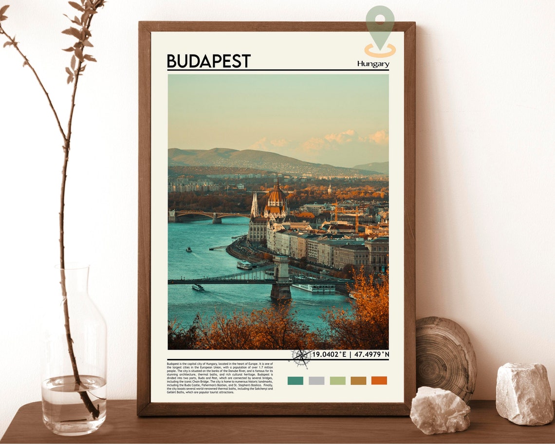 Budapest Hungary Danube River Chain Bridge Parliament Travel Poster