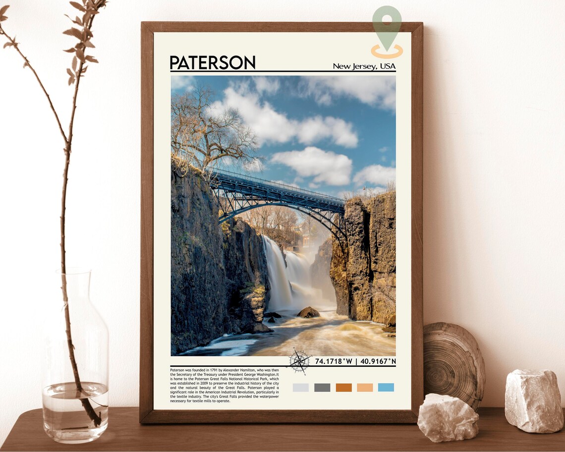 Paterson New Jersey USA Great Falls Waterfall Bridge Scenic Travel Poster