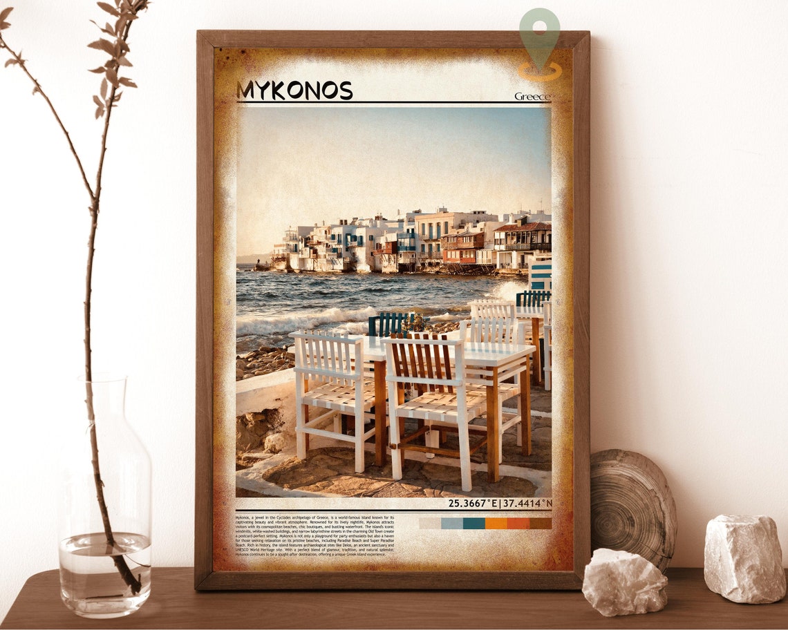 Mykonos Greece Waterfront White Chairs Seaside Sunset Poster - Image 6