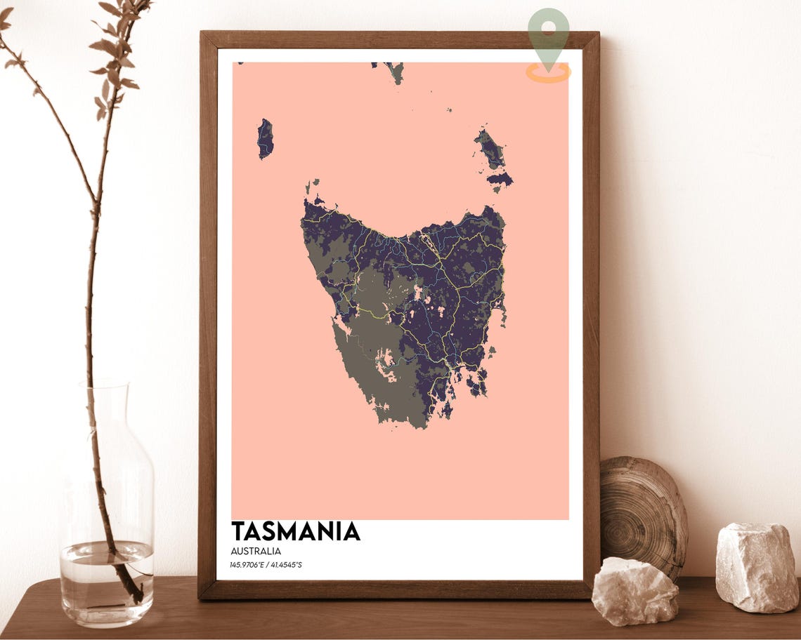 Tasmania Australia Island Map Dark Navy on Lavender Graphic Poster - Image 3