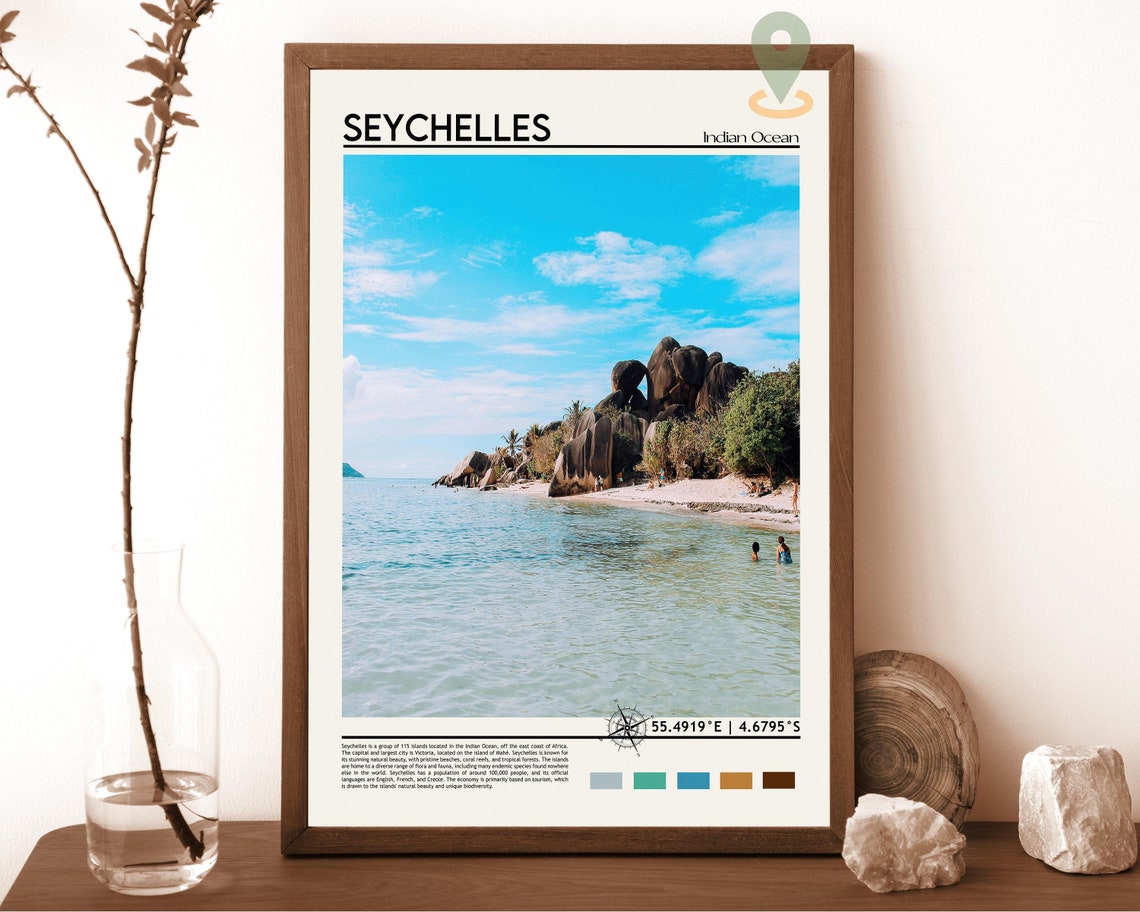 Seychelles Indian Ocean Granite Boulders Beach Scene Travel Poster