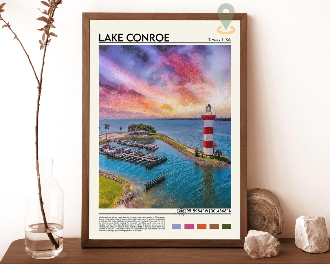Lake Conroe Texas Sunset Marina Lighthouse Oil Painting Travel Poster