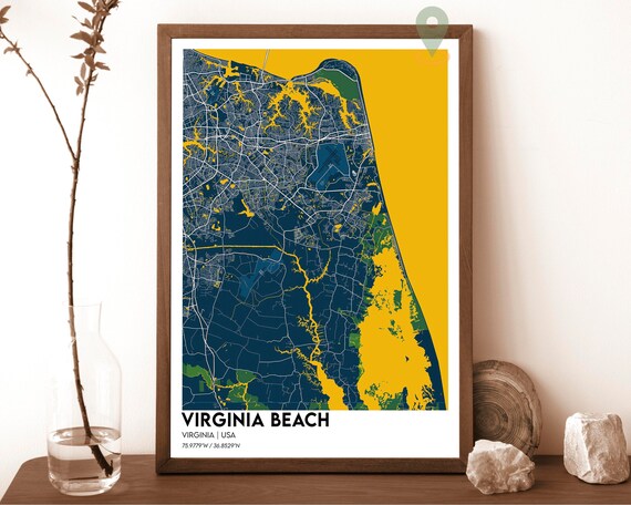 Virginia Beach Virginia Map Poster Navy Gold Coastal Modern Art