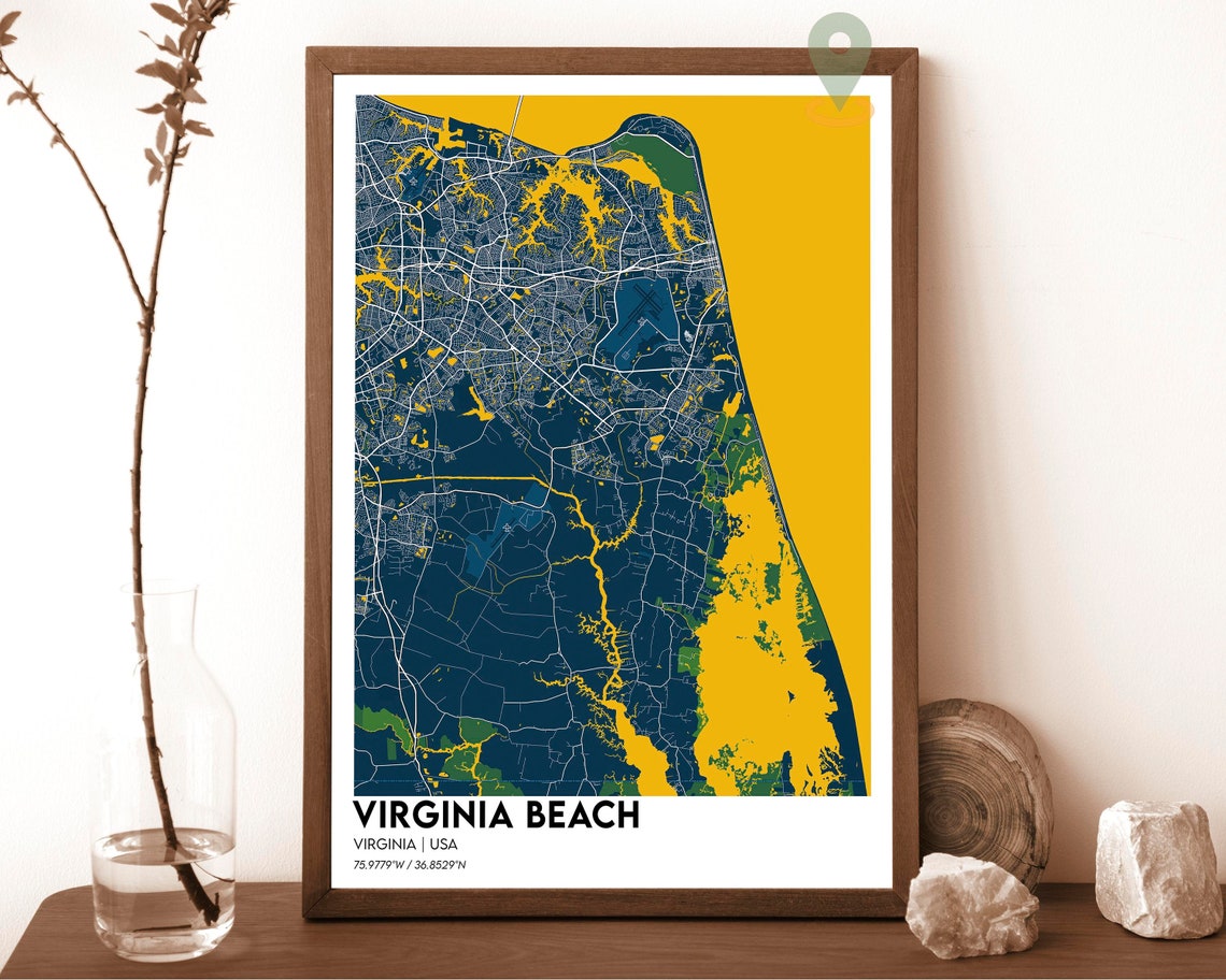 Virginia Beach Virginia Map Poster Navy Gold Coastal Modern Art