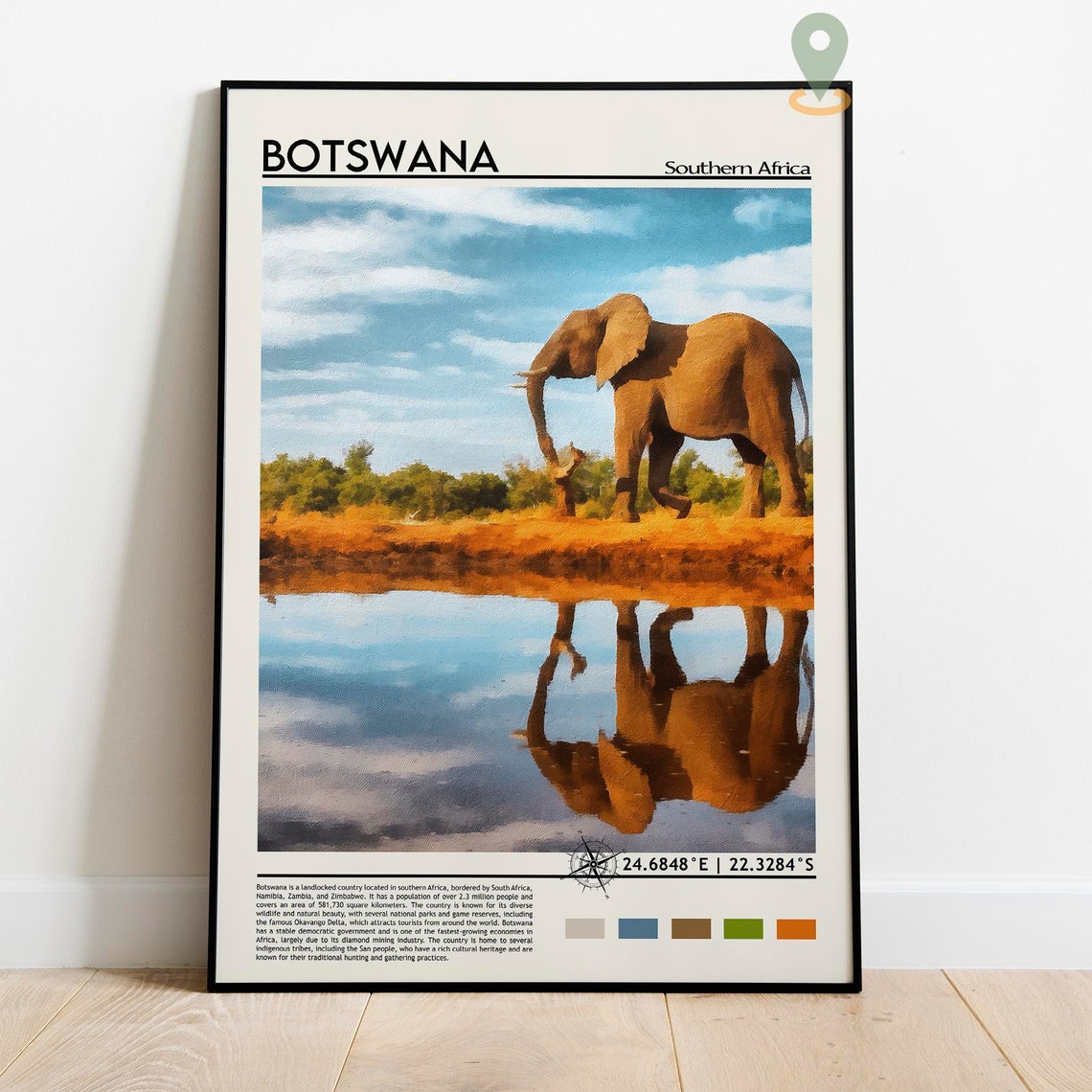 Botswana Southern Africa Elephant Waterhole Reflection Travel Poster - Image 2
