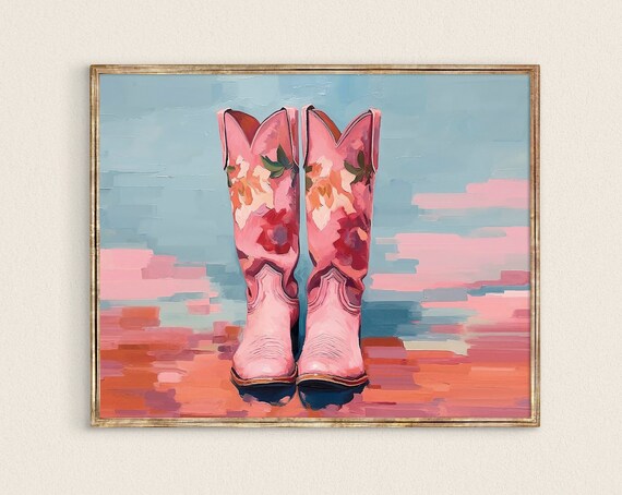 Pink Floral Cowboy Boots Painterly Western Pop Art Statement Wall Art