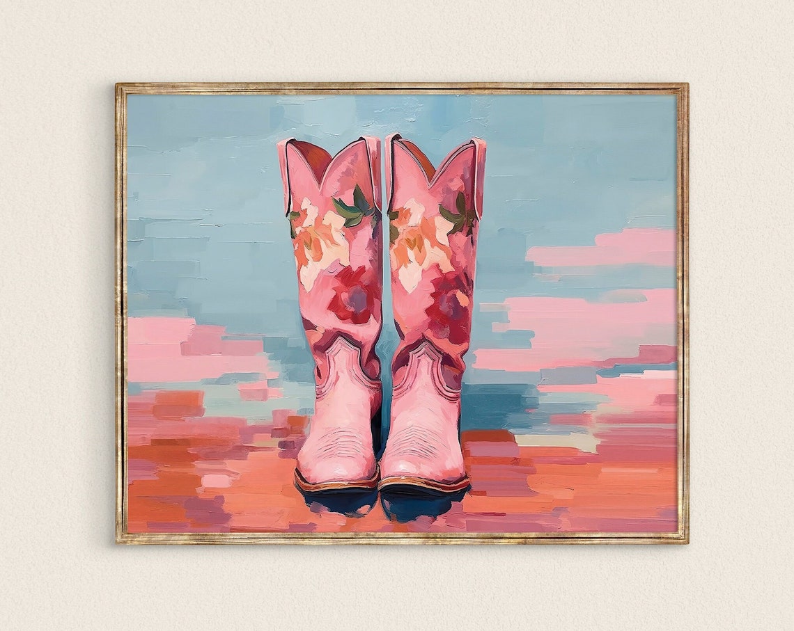 Pink Floral Cowboy Boots Painterly Western Pop Art Statement Wall Art