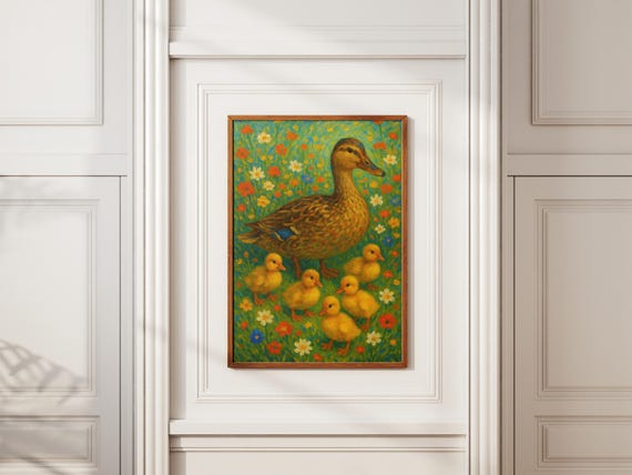 Duck And Ducklings Nursery Print Nordic Floral Animal Art