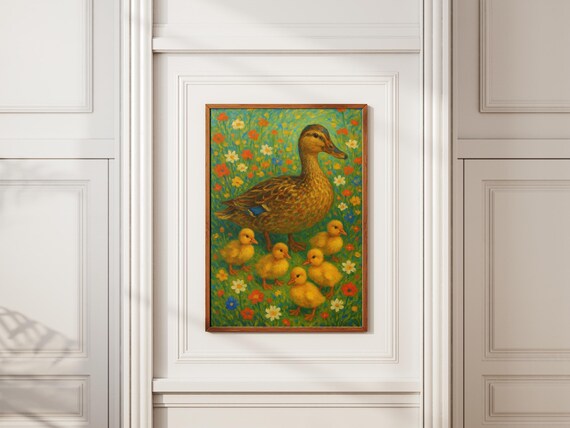 Mother Duck With Five Ducklings Floral Meadow Nursery Wall Art