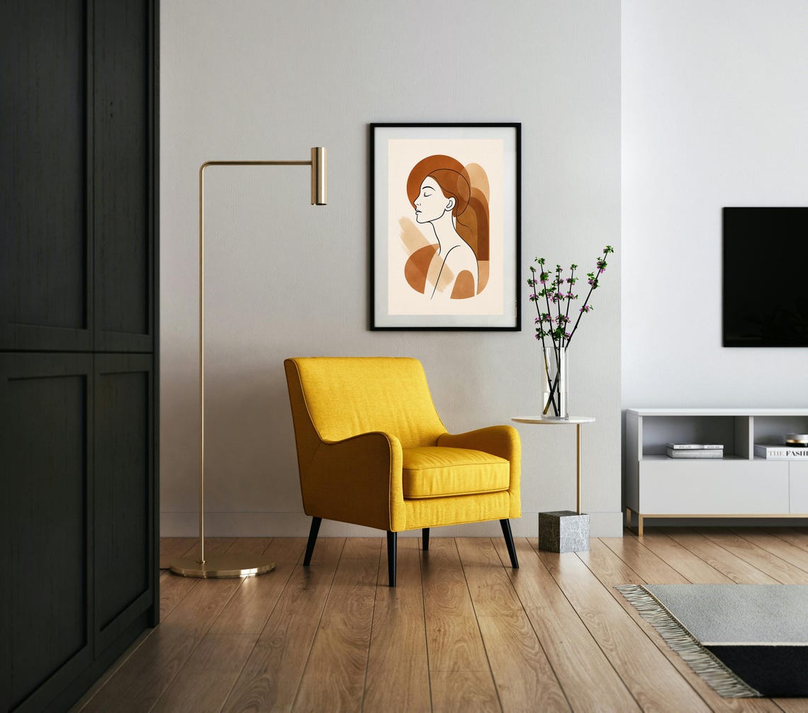 Boho Woman Face Line Drawing Scandinavian Minimalist Beige Wall Art